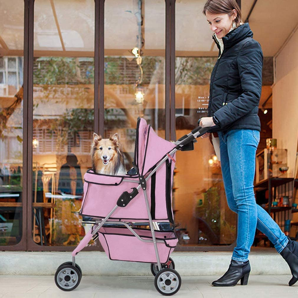 3 Wheels Pet Stroller Dog Stroller Cat Cage Jogger Stroller Cats Travel Folding Carrier Waterproof Puppy Stroller with Cup Holder & Removable Liner (Pink)