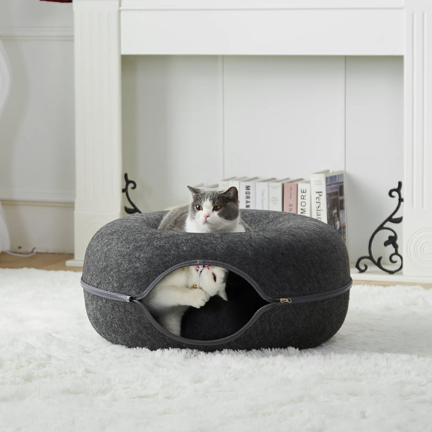 24 Inch Large Donut Cat Bed - Spacious Peekaboo Cat Cave for Multiple Cats up to 30 Lbs, Detachable and Washable Wool Felt Tunne